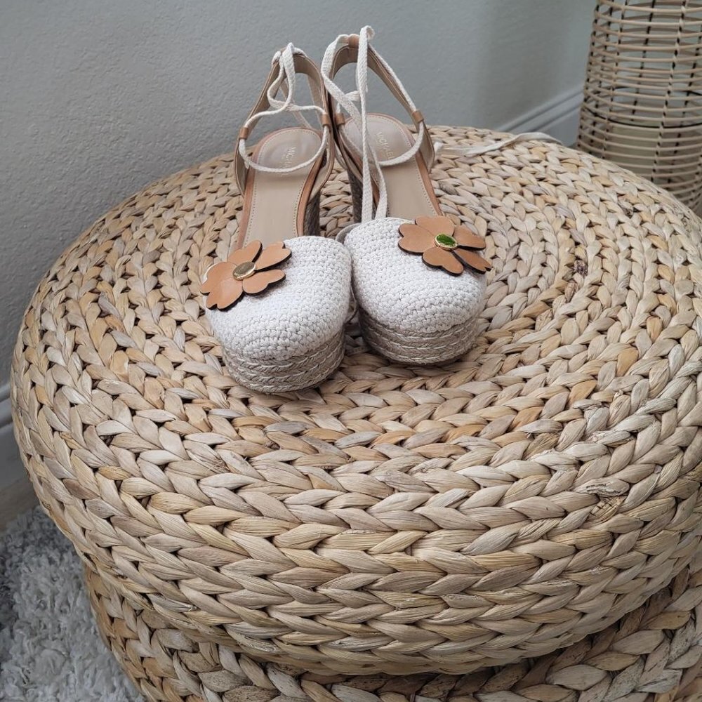 Michael Kors Cream Woven Platform Espadrilles with Tan Floral Accent